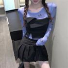 Lettering Long-sleeve Mesh Top / Straplesss Top / Pleated Mini A-line Skirt