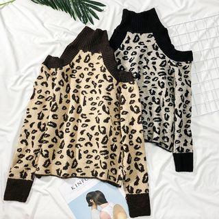 Off-shoulder Turtleneck Leopard-print Knit Sweater