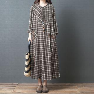 Long-sleeve Plaid Midi A-line Shift Dress