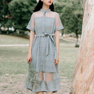 Short-sleeve Mesh-panel Check Dress