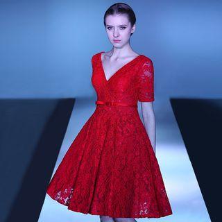 V-neck Short Sleeve Lace Cocktail Dress