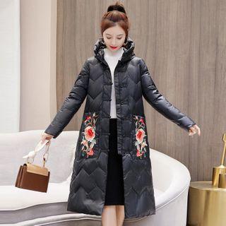 Embroidered Frog-buttoned Hooded Long Coat