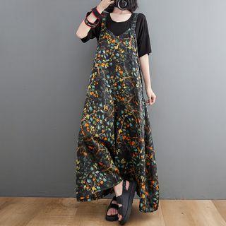Floral Print Wide-leg Jumper Pants Blue & Orange Print - Black - One Size