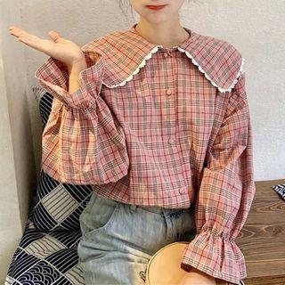 Plaid Peter Pan Collar Blouse As Shown In Figure - One Size