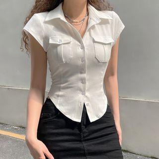 Plain Button-up Short Sleeve Top