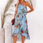 Floral Print One-shoulder Asymmetrical Midi Dress