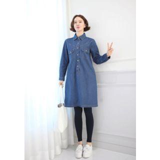 Half-placket Dual-pocket Denim Dress