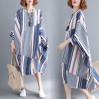 Striped Batwing-sleeve Midi Dress Blue & White & Pink - One Size