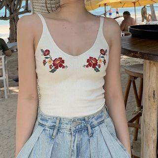 Floral Embroidered Knit Tank Top White - One Size