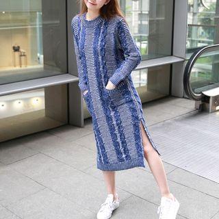 Long-sleeve Slit-side Knit Dress Multicolor - One Size