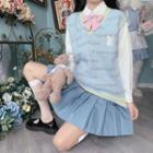 Lettering Sweater Vest / Plain Shirt / Bow Tie / Mini Pleated Skirt / Set