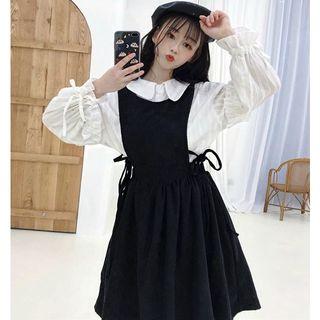 Ruffle-trim Shirt/ Corduroy Pinafore Dress