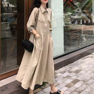 3/4-sleeve Midi A-line Shirt Dress As Shown In Figure - One Size