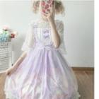 Elbow-sleeve Ruffled Lace Top / Sleeveless Ribbon Frill Trim Printed A-line Dress
