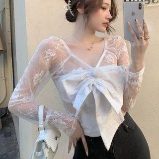 Long-sleeve Ribbon Mesh Top White - One Size