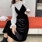 Bell-sleeve Lace Top / Midi A-line Velvet Pinafore Dress