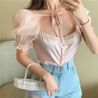 Puff-sleeve Mesh Panel Tie-strap Blouse