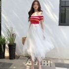 Short-sleeve Off-shoulder Striped Knit Top / Midi A-line Mesh Skirt
