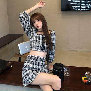 Plaid Balloon-sleeve Cropped Blouse / Mini A-line Skirt