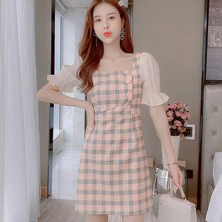 Short-sleeve Mesh Panel Plaid Mini A-line Dress