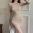 Long-sleeve Cutout Drawstring Ruched Mini Sheath Dress
