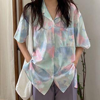 Elbow-sleeve Printed Shirt White & Pink - One Size