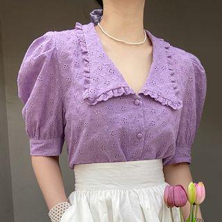 Eyelet-lace Collared Puff-sleeve Blouse