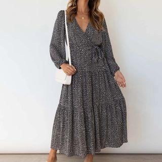 Long-sleeve Print Tiered Midi A-line Dress