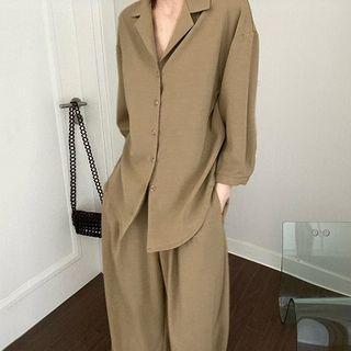 V-neck Single-breasted Blouse / Loose-fit Pants