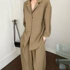 V-neck Single-breasted Blouse / Loose-fit Pants