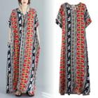 Patterned Short-sleeve Maxi A-line Dress Black & Red - One Size