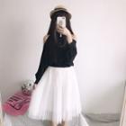 Cold Shoulder Long-sleeve Top / Mesh Midi Skirt