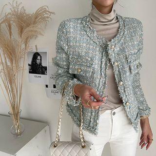 Fringed Tweed Jacket Sky Blue - One Size