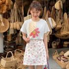 Short-sleeve Flower Print T-shirt / Mini A-line Floral Skirt