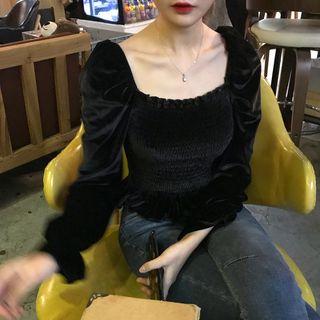 Square-neck Long-sleeve Top Black - One Size