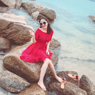 Off-shoulder Dotted Tie-waist Irregular A-line Dress