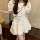 Puff-sleeve Collar Top / Mini A-line Skirt