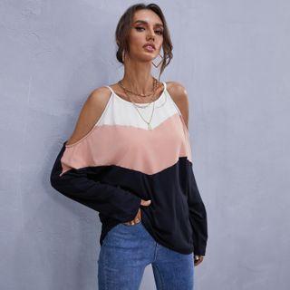 Long-sleeve Color Block Cold-shoulder T-shirt