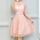 Mandarin Collar Elbow-sleeve A-line Lace Dress