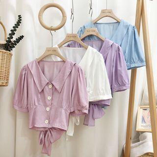 Plain Short-sleeve Bow-back Cropped Blouse