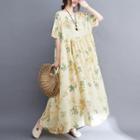 Short-sleeve Floral Maxi Smock Dress Light Yellow - One Size