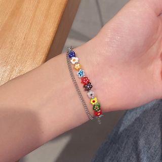 Flower Glass Bead Layered Alloy Bracelet Jml5152 - Multicolor - Red & Yellow - One Size