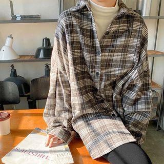 Plus Size Dip-back Long Plaid Shirt