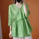 3/4-sleeve Frill Trim V-neck Blouse