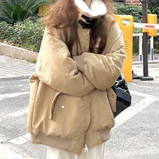 Long-sleeve High-neck Fleece Padded Jacket Khaki - One Size