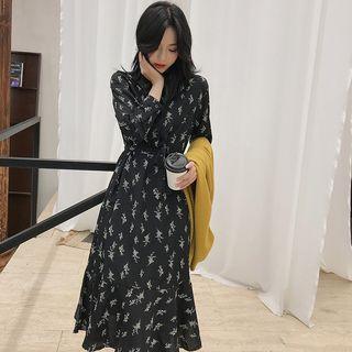 Mock Neck Floral Print Chiffon Dress