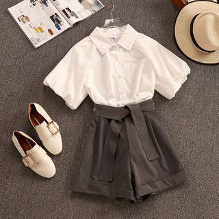 Set: Puff-sleeve Blouse + High-waist Shorts