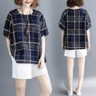 Color-block Crewneck Plaid Short-sleeve T-shirt
