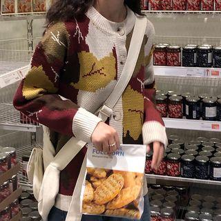Long-sleeve Color Panel Knit Cardigan As Shown In Figure - One Size