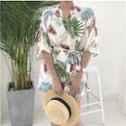 Set Of 3: Printed Elbow-sleeve Light Jacket + Camisole Top + Shorts